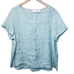 Isaac Mizrahi Blouse Top Linen Blue Beachy Coastal Vacation Casual Classic 1X
